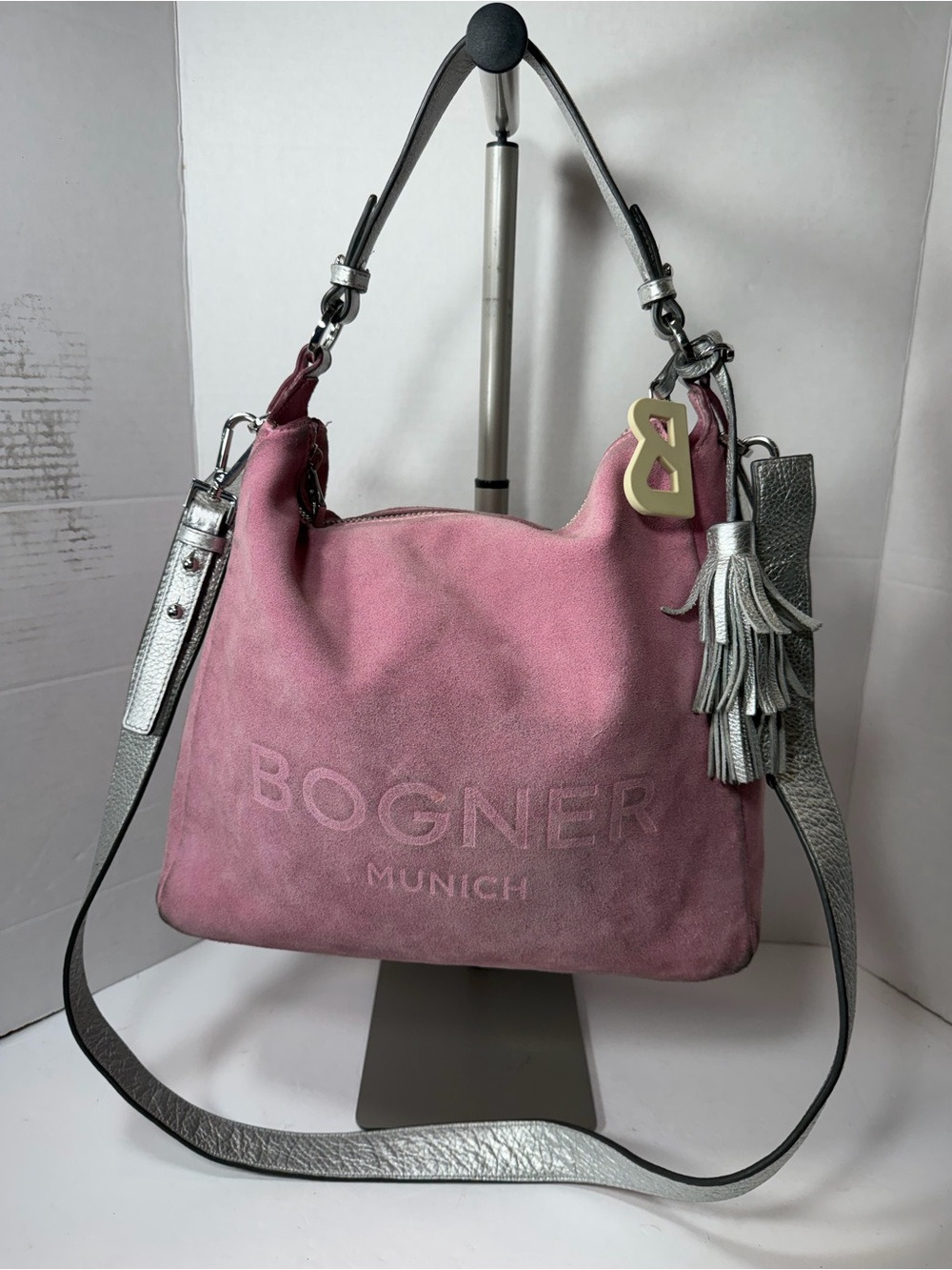 Bogner Pink Suede Shoulder Bag with Silver Leather Accents suede need cleaning